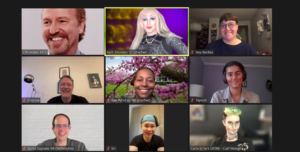 Zoom call with multiple smiling alums and a drag queen